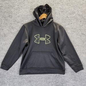 Under Armour Hoodie Youth Large Black Green Logo Fleece Pullover Sweatshirt